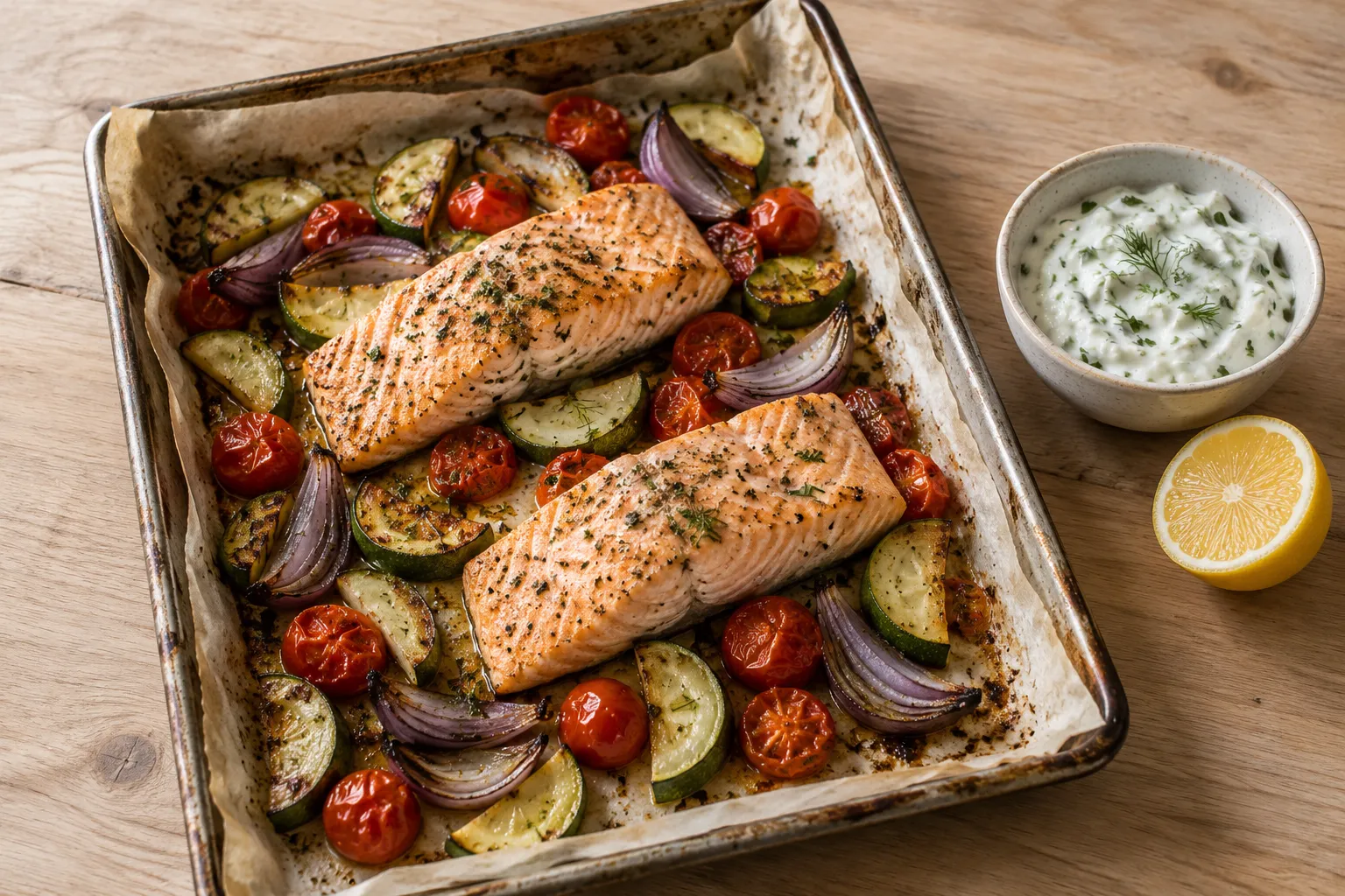 Ofenlachs mit Gemüse und Kräuterquark