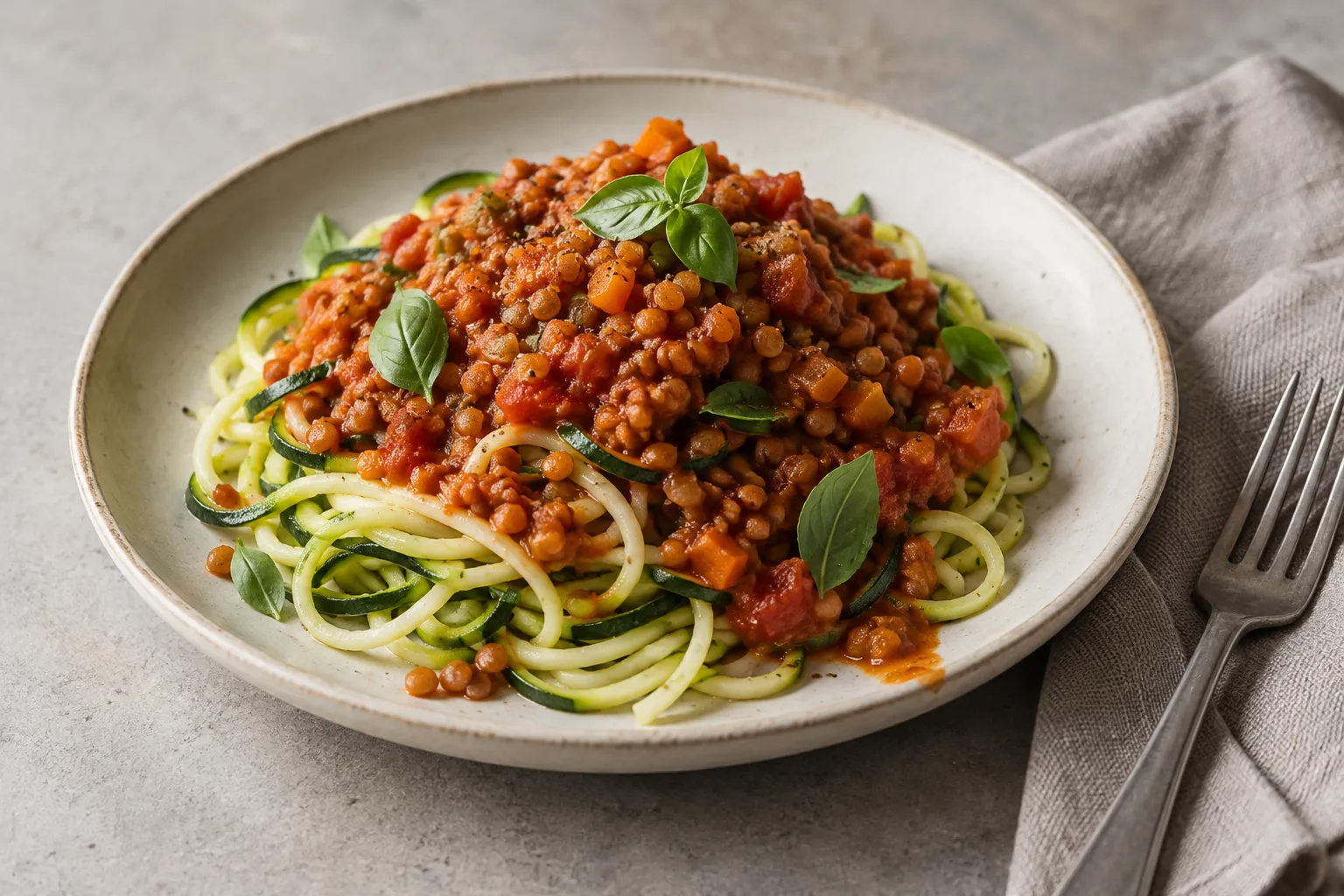 Rote-Linsen-Bolognese mit Zucchini-Nudeln
